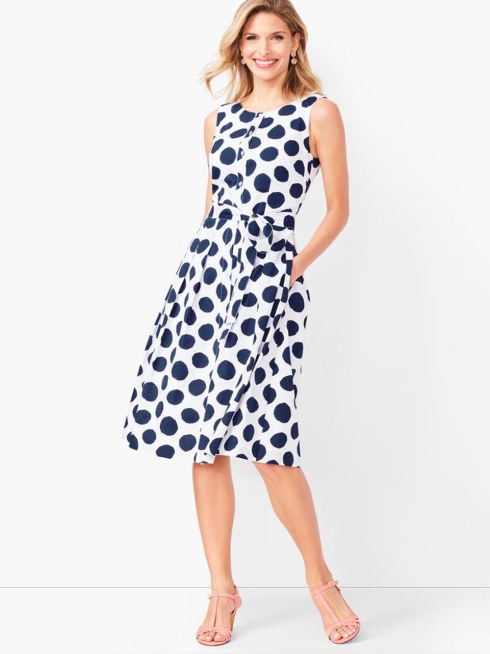 NWT Talbots Sleeveless Dot Poplin Fit and Flare Shirtwaist Dress SZ 14 Nautical